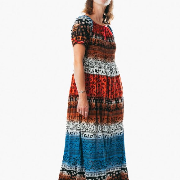 Colorful peasant maxi dress short sleeve off shoulder boho summer floral tie dye - Picture 5 of 5